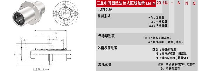 LMFM直線軸承，中間圓法蘭直線軸承,，韓國三益直線軸承